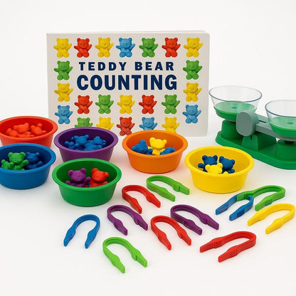Teddy Bear Counting & Patterning Set – 96 Bears, 12 Easy Grip Tweezers, 6 Sorting Bowls, Books & Balance Scale for Preschool Math & STEM