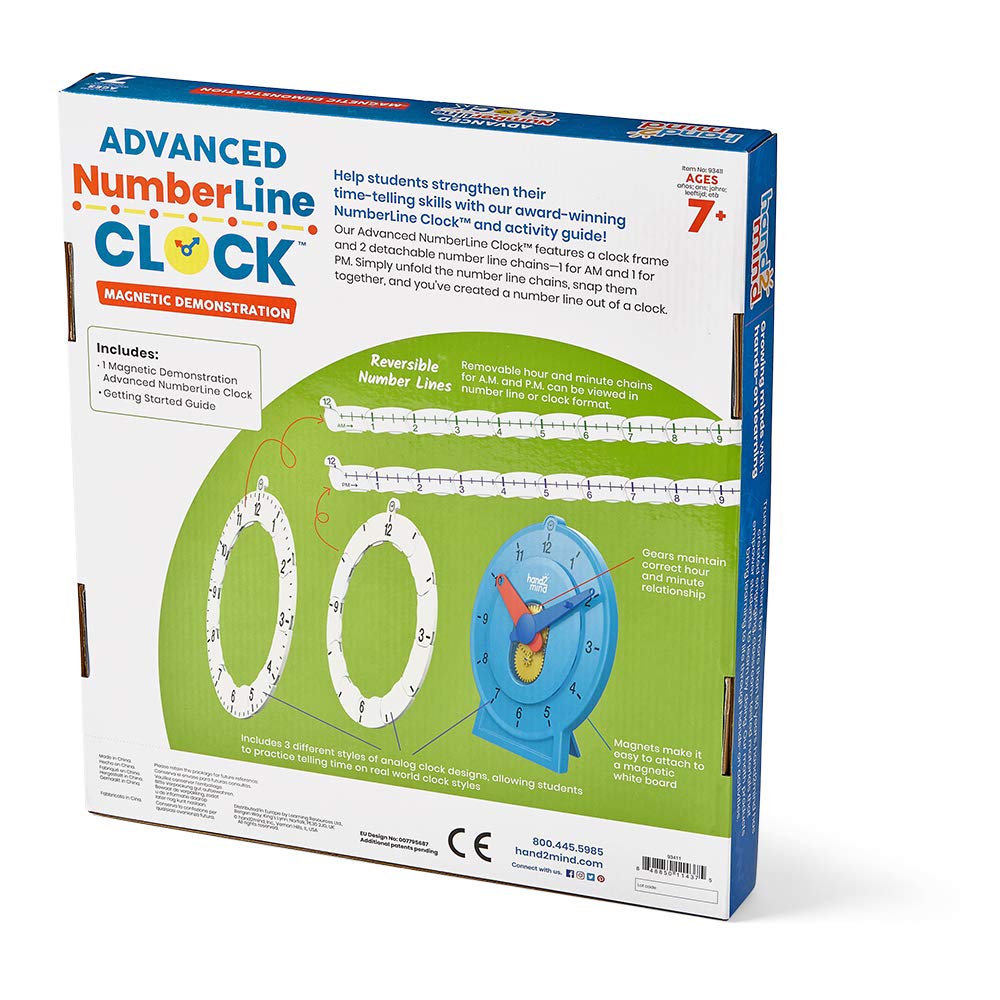 hand2mind Advanced NumberLine Clock, Learn to Tell Time, Analog Clock for Kids Learning, Number Line for Kids, Teaching to Tell Time, Math Manipulatives (Set of 1)