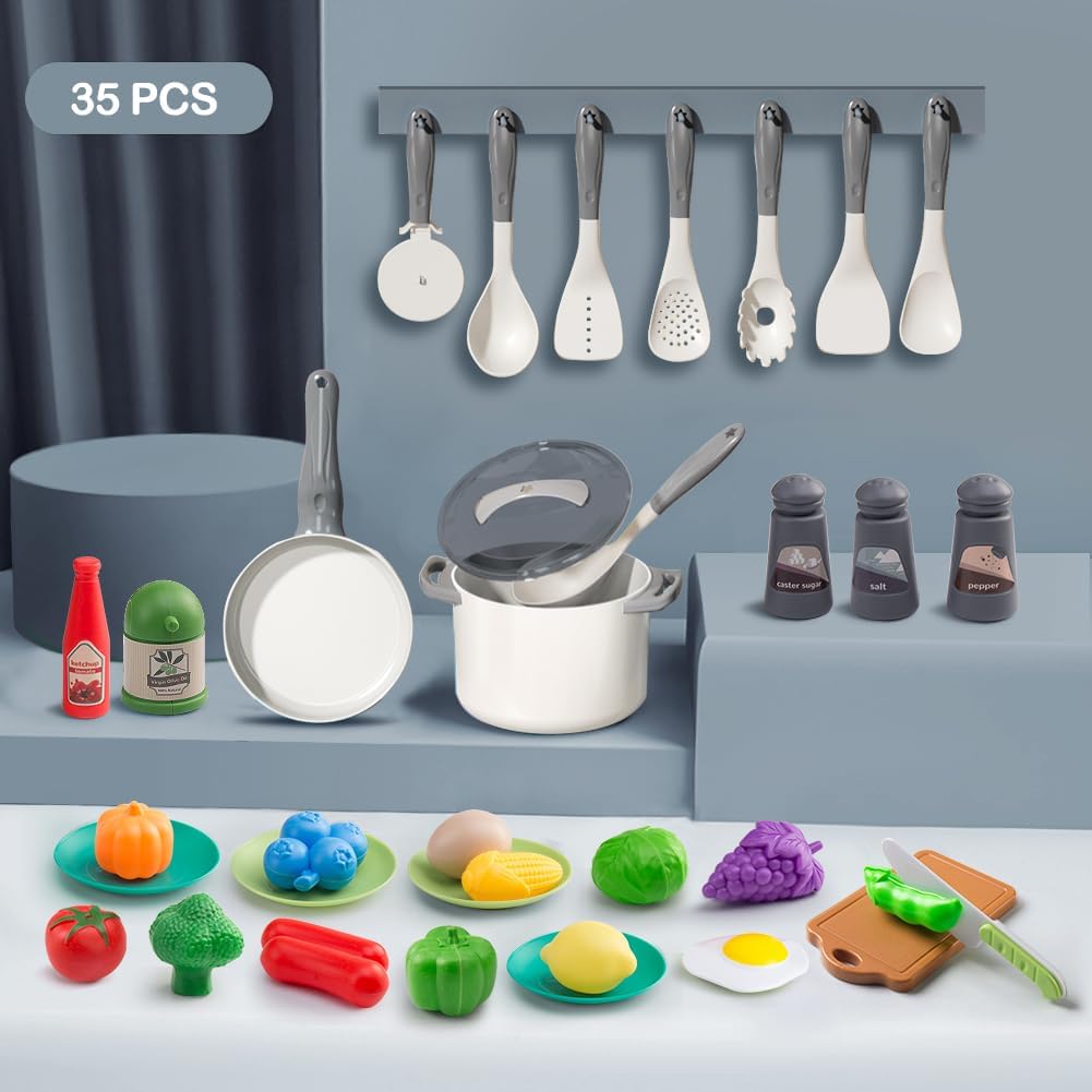 150Pcs Kitchen Playset, Toddlers Pretend Cooking Cookware Accessories, Food, Picnic Blanket, Fruits, Veges, 2Pack Shopping Storage Basket, Dessert and Prop Money, Gift for Kids (Pink)