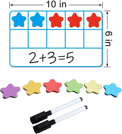 ZazzyKid Magnetic Ten-Frame Set: Math Manipulatives for Classroom Learning Counting Games for Kindergarten Kids - 6 Frames & 60 Star-Shaped Counters - Hands-on or Stick to Whiteboards