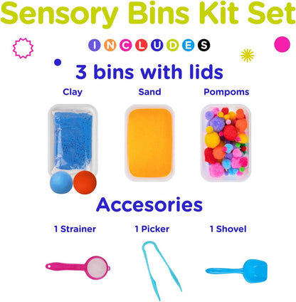 LOLO TOYS Sensory Kit for Toddlers and Kids - Includes 3 Bins with Lids, Play Tools, Sand, Feathers, Clay, Color Beads and Pom Poms Kids Box Fillers (Starter Set)