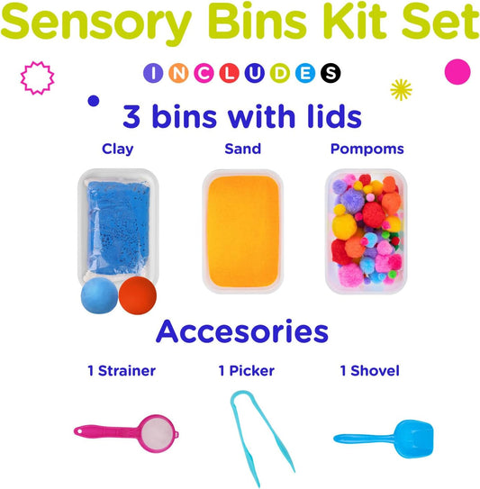 LOLO TOYS Sensory Kit for Toddlers and Kids - Includes 3 Bins with Lids, Play Tools, Sand, Feathers, Clay, Color Beads and Pom Poms Kids Box Fillers (Starter Set)