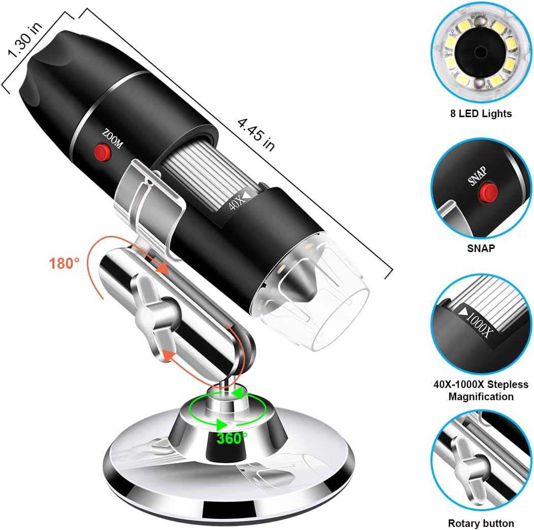 USB Microscope Camera with Stand & Carrying Case, Cainda Digital Microscope Compatible with Android Windows Linux Mac, Portable Magnifier Camera for Kids Students Adults(Not for iPhone/iPad)