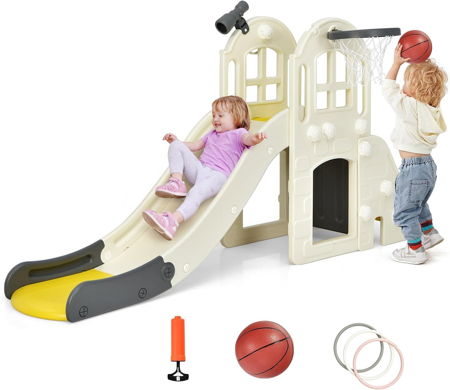 BABY JOY Toddler Slide, 6-in-1 Indoor Kids Slide Playset with Basketball Hoop, Telescope, Climbing Ladder & Storage Space, Freestanding Playhouse & Climber for Kids Aged 1-3 (Pink)