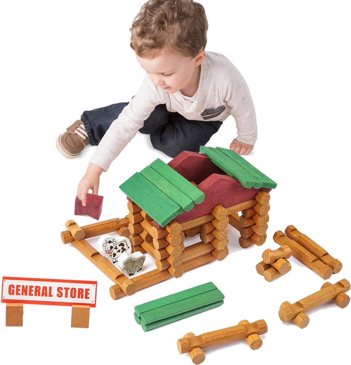 Joqutoys 90 Pcs Wood Building Blocks Toy for Toddlers, Classic Wooden Cabin Log Set Preschool Education Toy, Creative Construction Engineering Educational Toys for 3 4 5 6 Years Boys