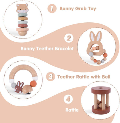 FReniland Wooden Baby Toy Set for 12M+, Montessori Grasping & Stacking Toys, Elephant & Car Sensory Toys, Natural Wood Fine Motor Skill Development Gift for Boys & Girls
