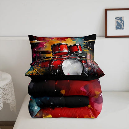 Erosebridal Drum Kit 3D Print Kids Comforter Sets Rock Music Themed Full Bedding Set for Boys Girls Musical Pattern Comforter Set,Colorful Retro Style Quilt Duvet 3 Pcs