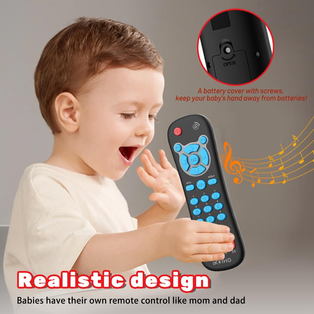 Baby Remote Control Toy, Realistic Toddler TV Remote Toy with Light Sound Kid Learning Education Musical Toys with English French Spanish Infant Gift for Boys Girls 6M+ (Black)