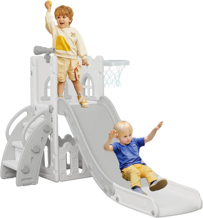 LulliSpace 6 in 1 Toddler Slide,Kids Climber Slider for Indoor Outdoor Playground with Basketball Hoop,Storage and Telescope,L Shaped Slide for Toddler Climber Playset