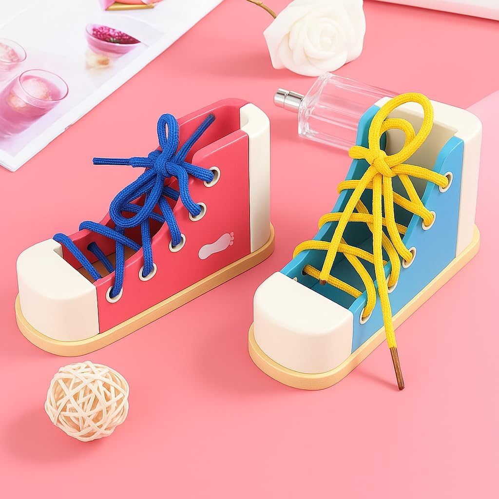 Learn to Tie Shoes for Kids with Wooden Lacing Shoe Tying Kids Shoe Tying Practice Kit with Wooden Toys Blue