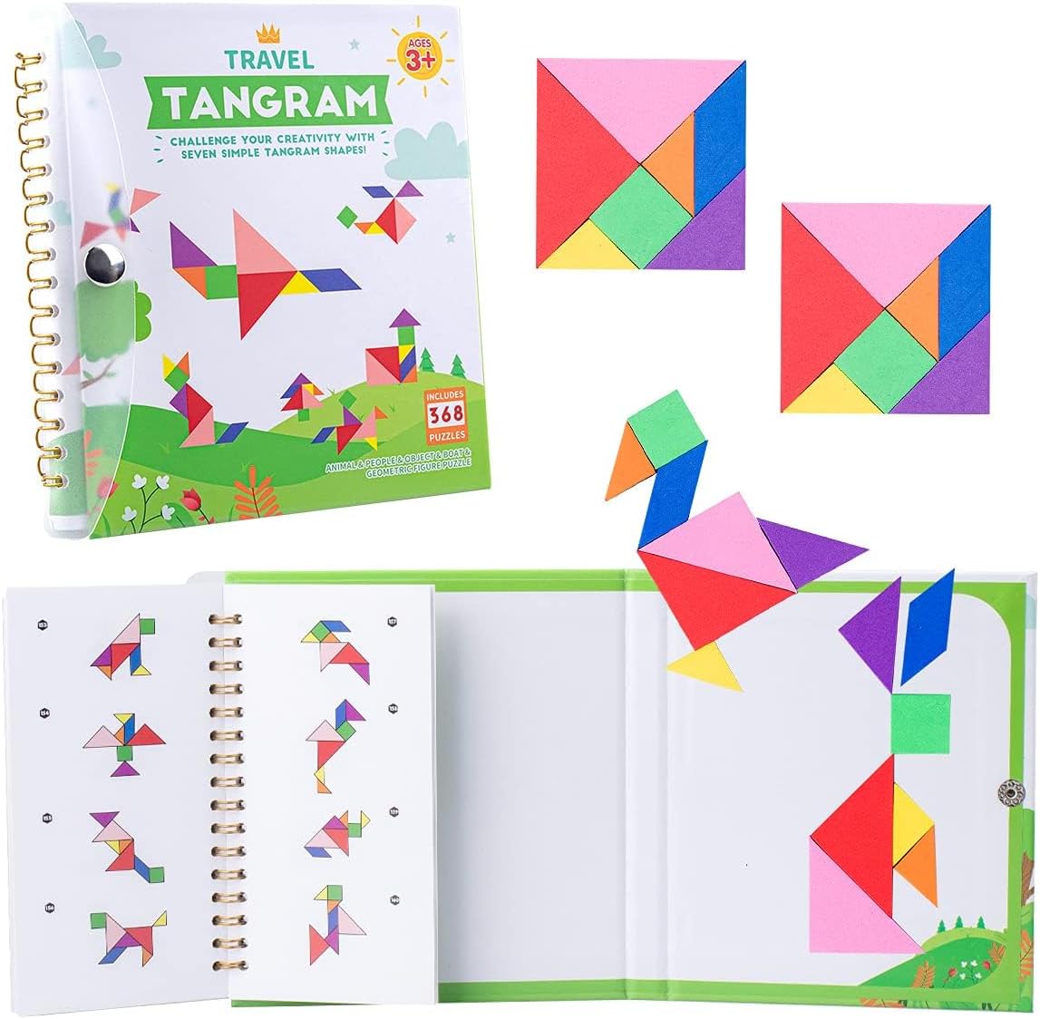 Vanmor Travel Tangram Puzzle - 3 Sets of Magnetic Tangram with 240 Solution - Montessori Shape Pattern Blocks Jigsaw Road Trip Games IQ Book Educational Toy Brain Teaser Gift for Kids Adults Challenge
