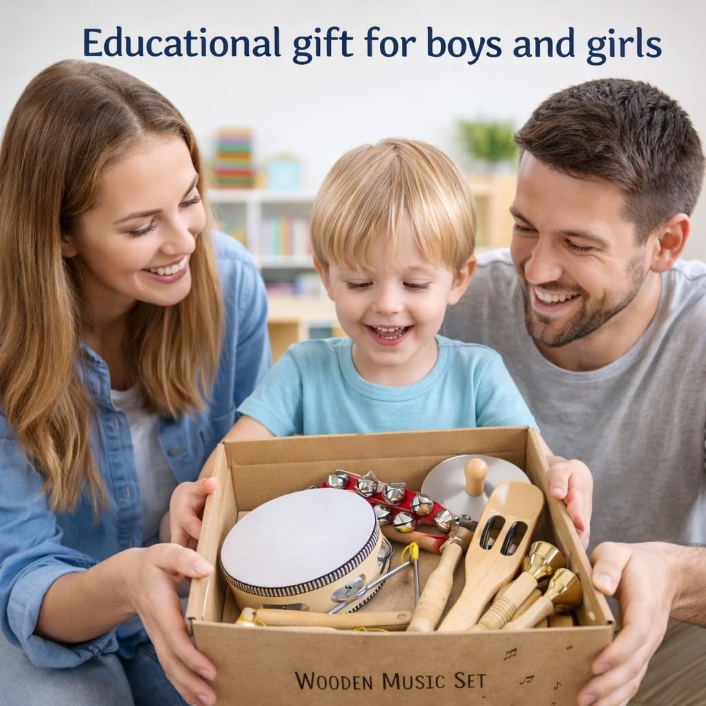 Stoie's Wooden Toddler Musical Instruments with Drum, Hand Bells, Flute, Maracas, Castanet, Tamburine, for Babies and Kids, Eco Friendly Montessori Educational Toy