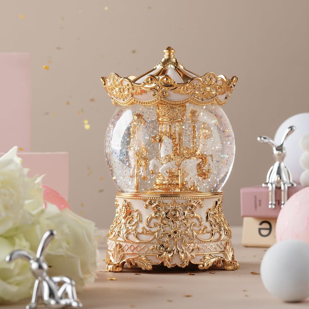 Carousel Music Box Princess Unicorn Musical Snow Globe for Girls and Women Baby Kids Sister Daughter Mom Granddaughter Grandma Christmas Birthday Presents Gifts (Light Pink)