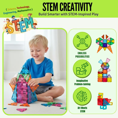 Magnetic Tiles 100 pcs with 2 Cars, STEM Building Blocks for Kids, Educational Gift, Magnet Construction Toys for Toddlers, School Teacher Supplies, Classroom Must-Haves
