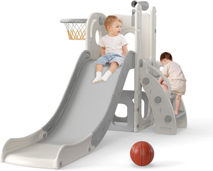 kinbor 6 in 1 Toddler Slide PlaySet - Indoor Outdoor Fun for Kids Ages 1-3, Includes Basketball Hoop, Telescope, Storage & Climber, Safe, Sturdy Baby Slide for Backyard Playground, Blue