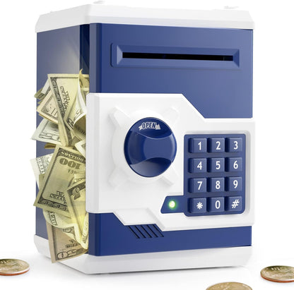 Playsheek Piggy Bank for Girls Boys Large Electronic Money Coin Banks with Password Protection, Automatic Paper Money Scroll Saving Box, Great Gift for Kids(Black-White)