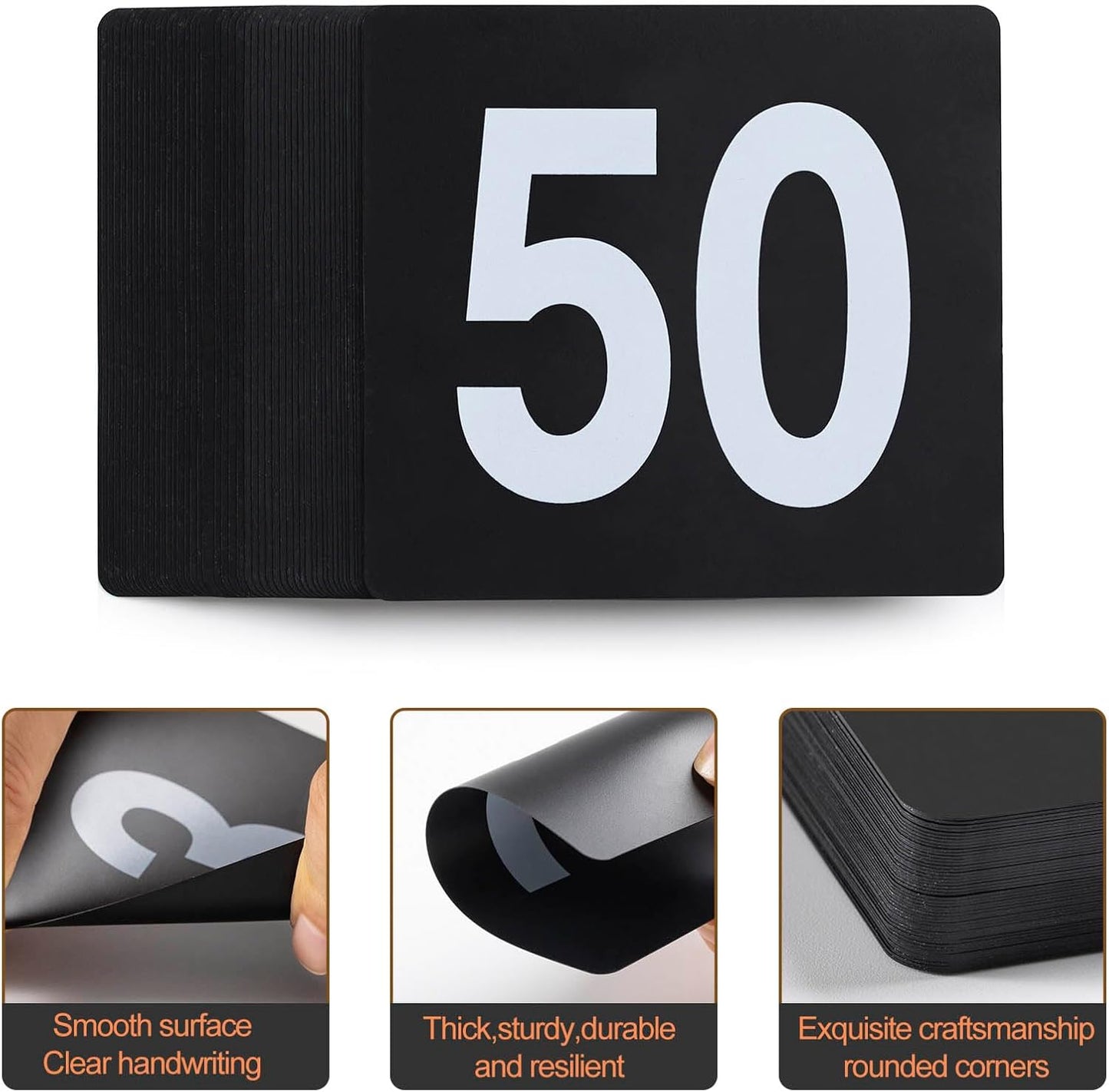 Toncoo 50Pcs Table Numbers 1-50, 3.7x4 Inch Plastic Table Numbers, Double Sided Table Number Cards - for Wedding Reception Restaurant Table Numbers Place Cards, White