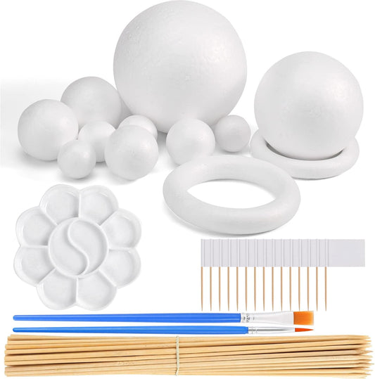 48PCS Solar System Model Foam Ball Kit Includes 10 Sizes Polystyrene Spheres Balls, Bamboo Sticks, Toothpick Flags, 12 Color Pigments, Brushes, Paint Tray Palette for School Science Projects