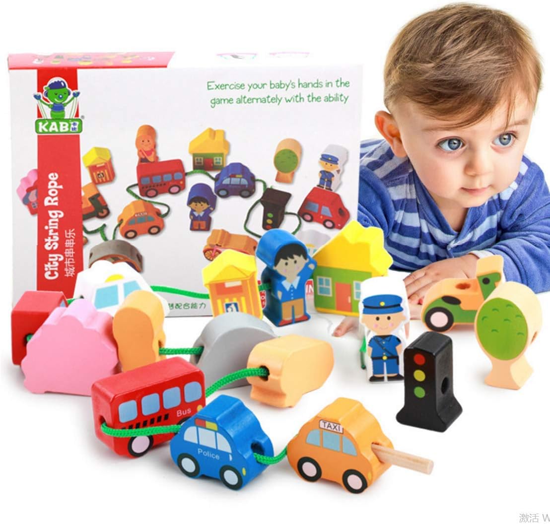 Lacing Farm Toy Wooden Block Set, Early Educational Toys String & Lacing Beads Games for Toddlers Kids Farm Animal Learning Play Set (16 Pieces)