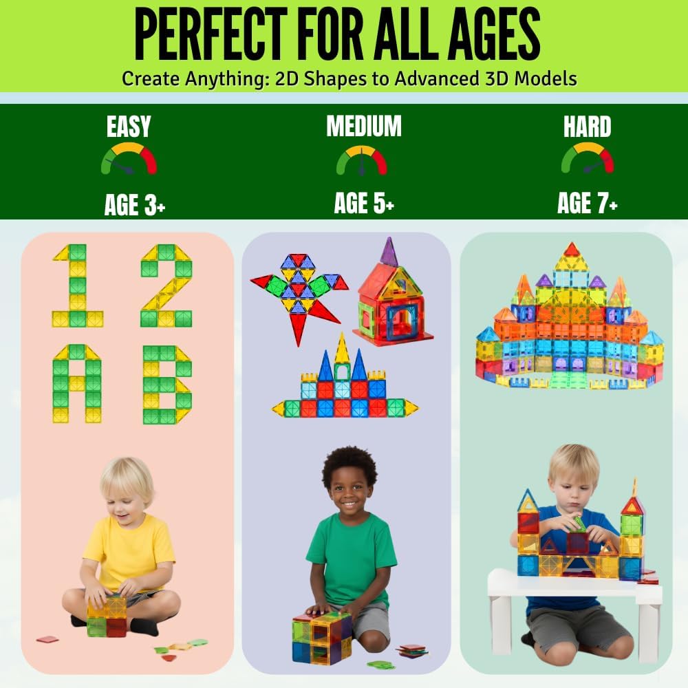 Magnetic Tiles 100 pcs with 2 Cars, STEM Building Blocks for Kids, Educational Gift, Magnet Construction Toys for Toddlers, School Teacher Supplies, Classroom Must-Haves