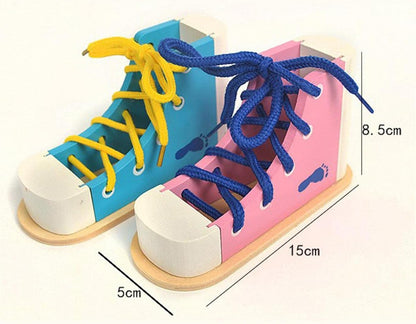 Almencla Wooden Lacing Shoe Toy,Shoe Tying Aid Fine Motor Skills Toy Learn to Tie Shoes for Kids, Blue