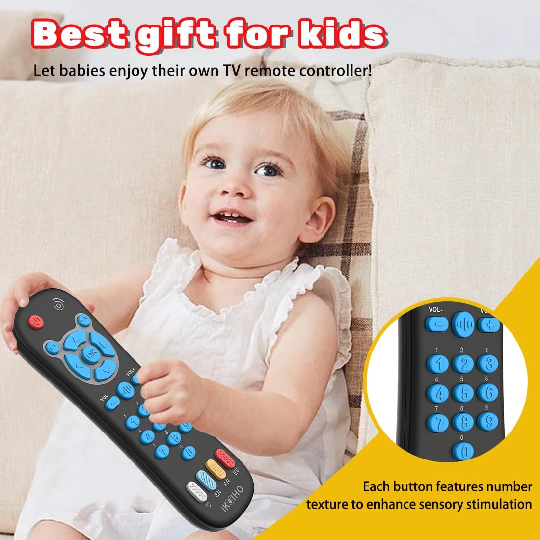 Baby Remote Control Toy, Realistic Toddler TV Remote Toy with Light Sound Kid Learning Education Musical Toys with English French Spanish Infant Gift for Boys Girls 6M+ (Black)