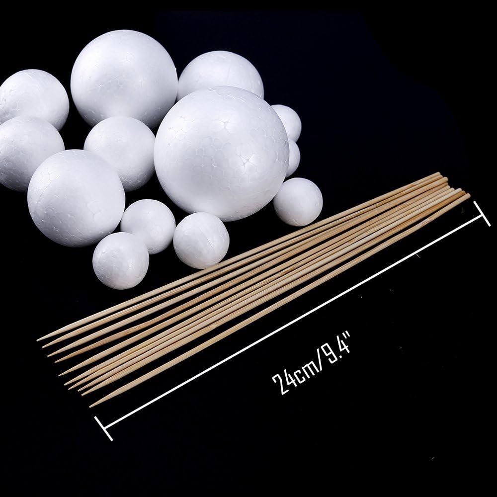 Pllieay Make Your Own Solar System Model with 14 Mixed Sized Polystyrene Spheres Balls and 10 Pieces 24 cm Long Bamboo Sticks for School Projects