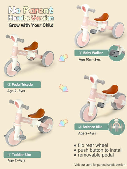 LOL-FUN Tricycle for Toddlers 1-3 Years Old Boys Girls Toy, 4 in 1 Baby Balance Bike for 1 2 Year Old Gift, Kids Bicycle with Easy Assembly Removable Pedal