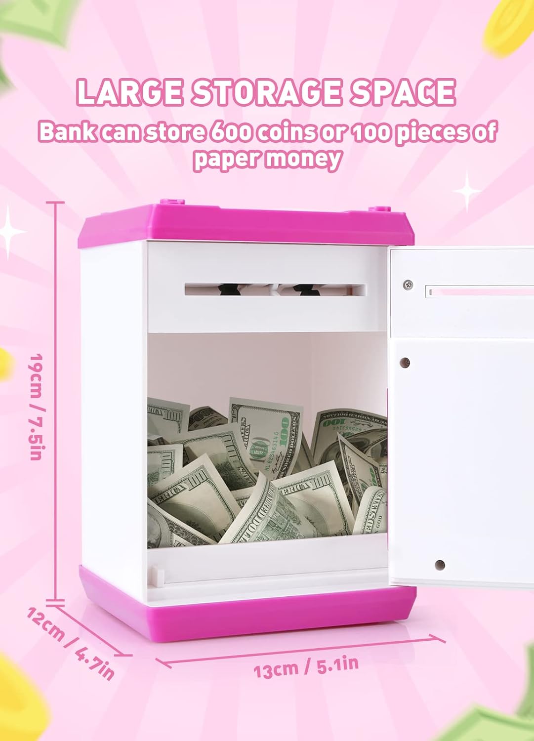 Playsheek Piggy Bank for Girls Boys Large Electronic Money Coin Banks with Password Protection, Automatic Paper Money Scroll Saving Box, Great Gift for Kids(Black-White)