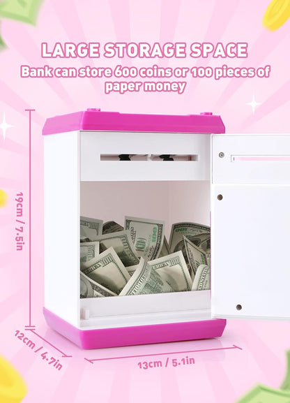 Playsheek Piggy Bank for Girls Boys Large Electronic Money Coin Banks with Password Protection, Automatic Paper Money Scroll Saving Box, Great Gift for Kids(Black-White)