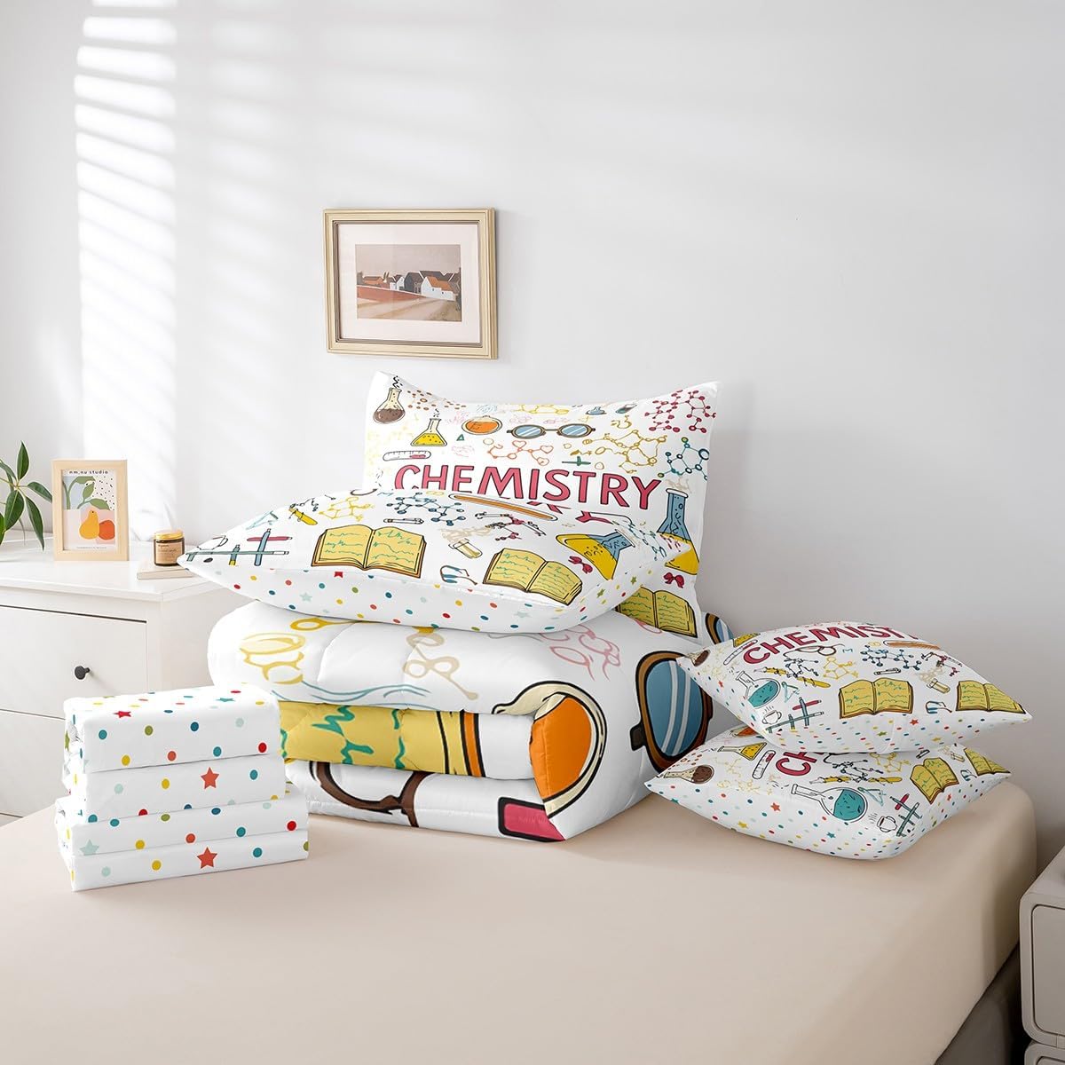 Erosebridal Chemical Equation Bed in a Bag Queen Comforter Set 7 Piece,Chemistry Bedding Sets Science Students Learning Gift Sheet Set with Comforter,Molecular Formula Education Bed Set - Colors B