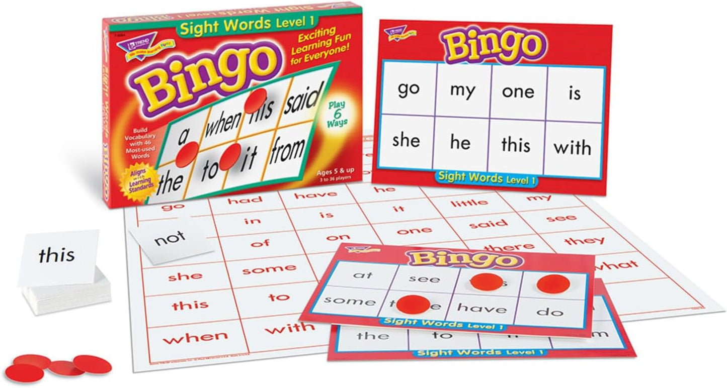 TREND ENTERPRISES: Sight Words Level 1 Bingo Game, Exciting Way for Everyone to Learn, Play 6 Different Ways, Great for Classrooms and at Home, 3 to 36 Players, for Ages 5 and Up