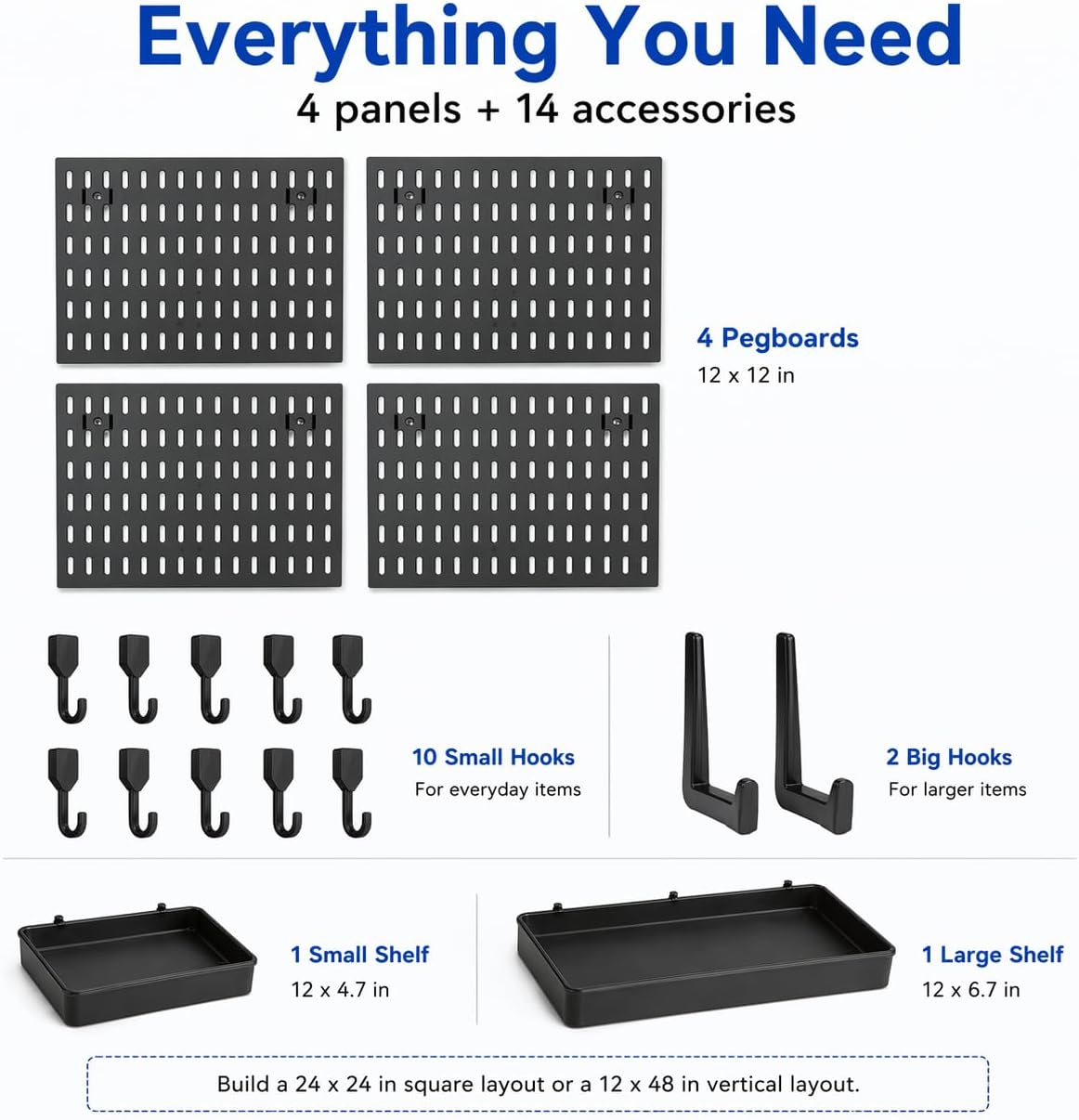 Pegboard Wall Organizer Kit – Heavy Duty 20lbs Load Bearing, Easy Installation, 4 Peg Board Panels 14 Accessories – Multi-Surface Use For Garage, Office, Kitchen & Crafts (White Pegboard,24″×24″)