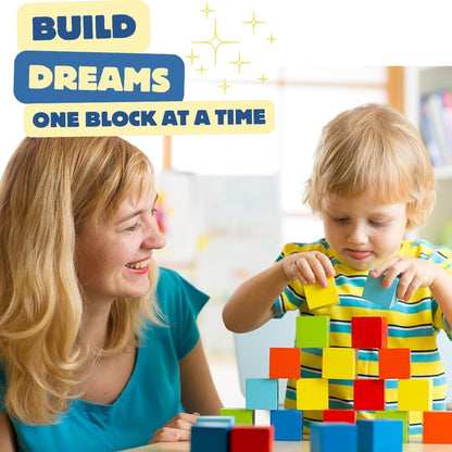 Pidoko Kids Wooden Blocks - 100 Pcs - Building Blocks for Toddlers - Includes Storage Container with Shape Sorter Lid - Natural Beech Wood Blocks - Preschool Learning Toys Stacking Block