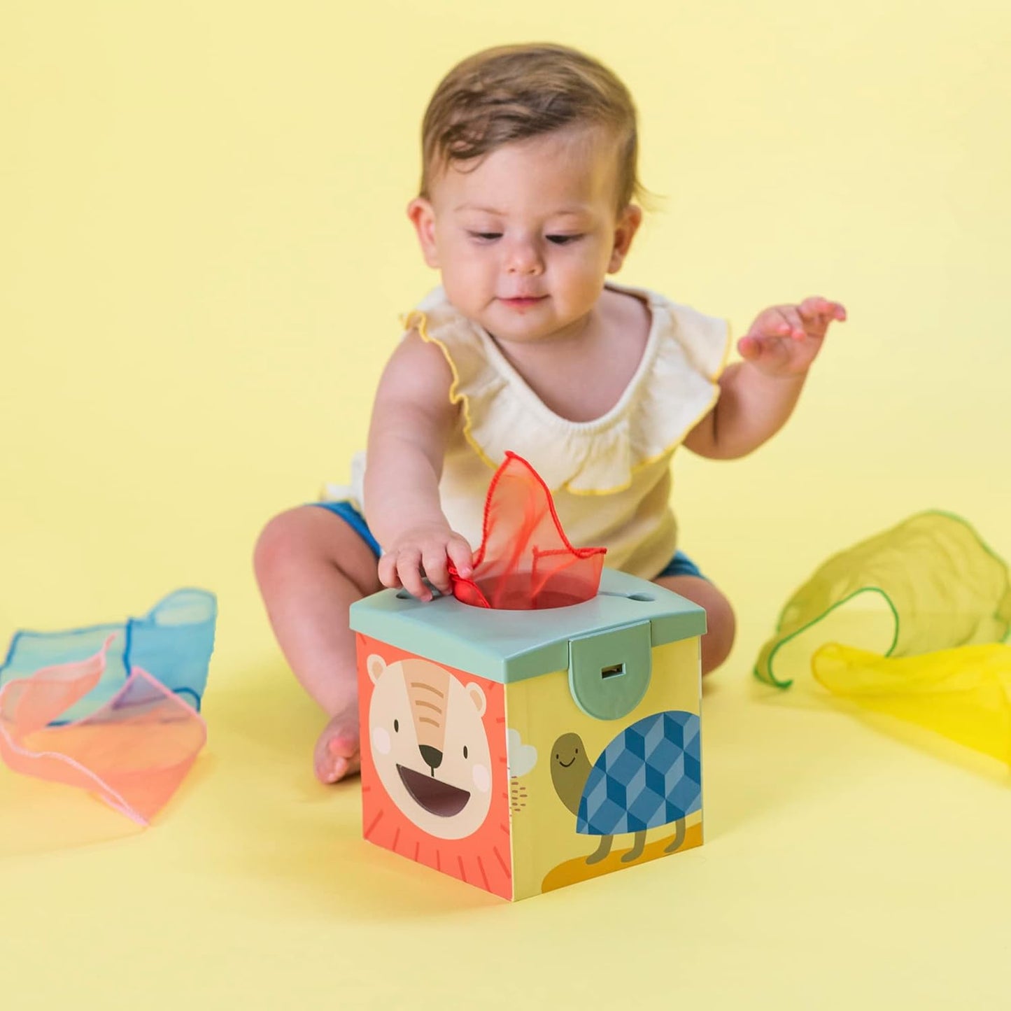 Taf Toys Baby Tissue Box Toy Silicone Baby Toys 6-12 Months Montessori Toys Sensory Activity & 10 Tissues for Fine Motor Development Soft Interactive Silicone Learning Cube for 1 Year Old Toddlers