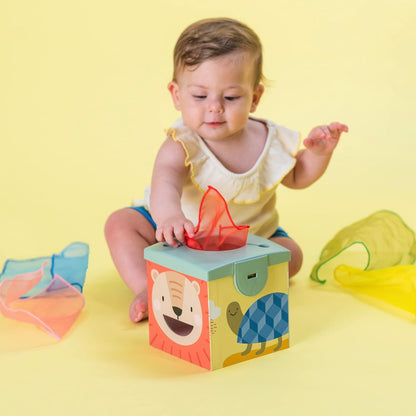 Taf Toys Baby Tissue Box Toy Silicone Baby Toys 6-12 Months Montessori Toys Sensory Activity & 10 Tissues for Fine Motor Development Soft Interactive Silicone Learning Cube for 1 Year Old Toddlers