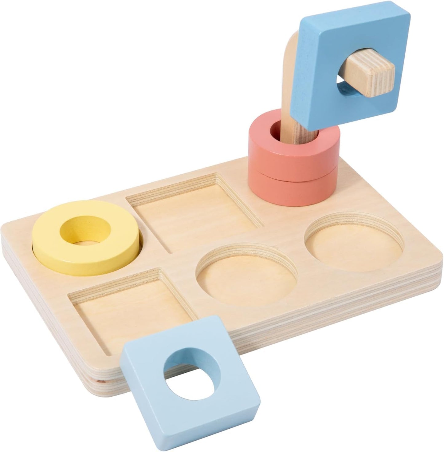 Adena Montessori Wooden Stacking and Sorting Ring,Wooden Rings on Peg,Colorful 5 Shapes on Curved Peg Horizontal Dowel Variation,Fine Motor Skills Development Toys for 1 2 3 Years Old Toddlers