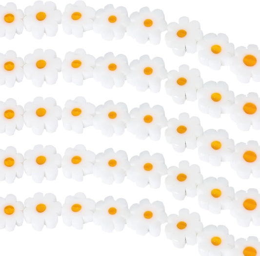 Daisy Glass Beads 60 Pcs Handmade White Daisy Flower Beads Flat Small Flower Loose Spacer Bead for DIY Bracelets Necklace Earrings (6mm)