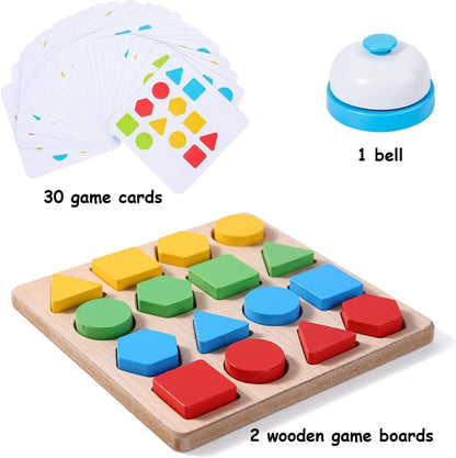 Wooden Puzzles Shape Color Matching Board Games Preschool Educational Montessori Toys for Kids 3 4 5 6 Years Old Boys Girls Brain Teaser Puzzle Logic Game with Bell Cards