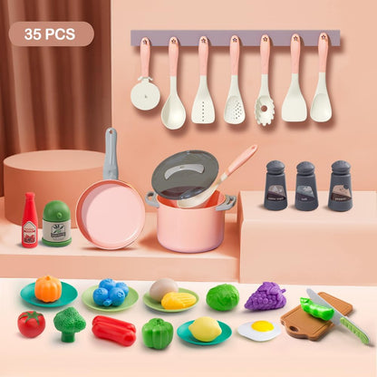 150Pcs Kitchen Playset, Toddlers Pretend Cooking Cookware Accessories, Food, Picnic Blanket, Fruits, Veges, 2Pack Shopping Storage Basket, Dessert and Prop Money, Gift for Kids (Pink)