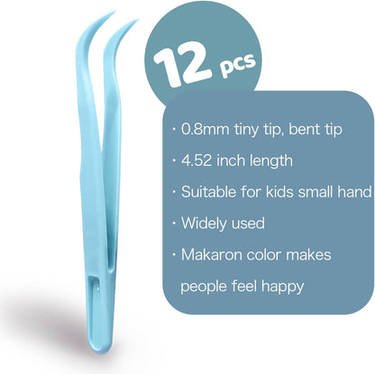 12 Pack 4.5 inches Plastic Tweezers for Kids Crafts for DIY Jewelry Making, beads bracelets, Baking Decoration, Reptile Feeding, Disposable Eyelashes Stickers Tweezers Bulk