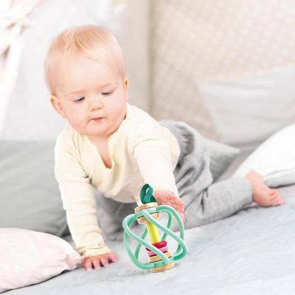Hape Apple Grab Toy - Silicone & Wood Baby Rattle & Teether – Sensory Development Toy with Gentle Sound, Soft Chewable Rings, Easy Attachment for Crib & Stroller – for Babies 0-18 Months