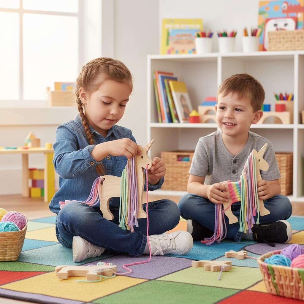 Eray Wooden Unicorn Lacing Montessori braiding Toys for Kids DIY Toy Plane Activities Car Travel Toy Educational Learning Threading for Fine Motor Skills