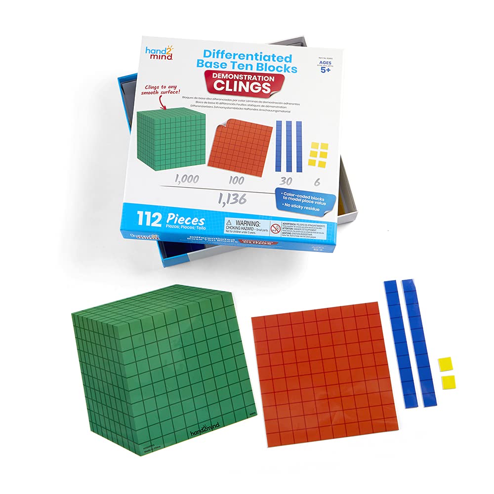 hand2mind Magnetic Demonstration Differentiated Base Ten Blocks Classroom Set, Magnetic Place Value Blocks, Counting Cubes for Kids Math, Base 10 Math Manipulatives Kindergarten Set (Set of 131)