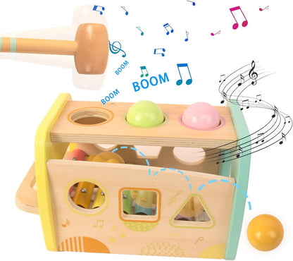 Hammering Pounding Toys Wooden Educational Toy Xylophone Shape Sorter, Birthday Gift for 3 Years Boys Girls Baby Toddler Kids Developmental Montessori Learning Toy (Yellow)