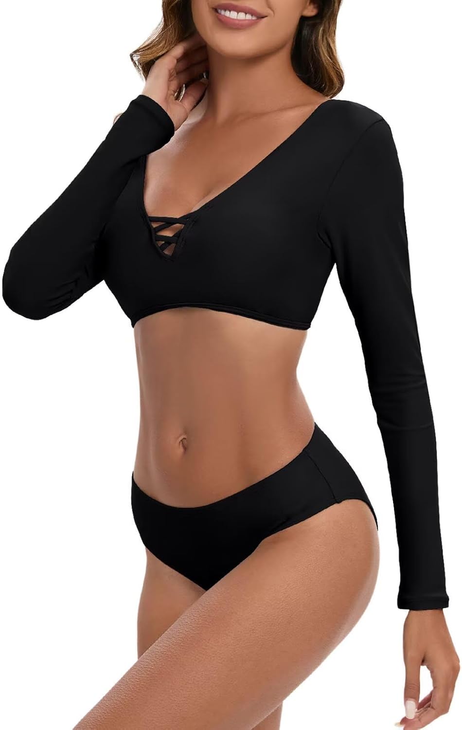 JadeRich Women's Fashion Pattern Long Sleeve Tankini Sets UPF 50+ Rash Guard Swimsuit Sun Block Swimwear