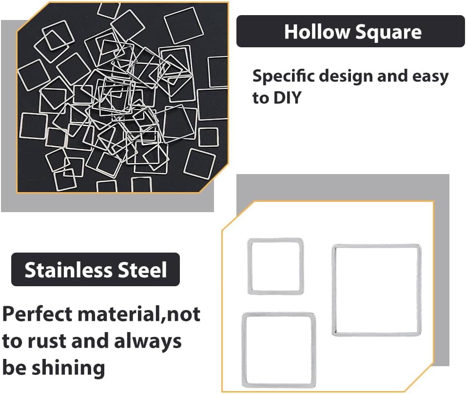 60Pcs 3 Sizes Stainless Steel Hollow Square Pendants Cube Open Bezel Blank linking Rings Square Frame Connector Charms For Jewelry Craft Kits Making DIY