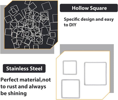 60Pcs 3 Sizes Stainless Steel Hollow Square Pendants Cube Open Bezel Blank linking Rings Square Frame Connector Charms For Jewelry Craft Kits Making DIY