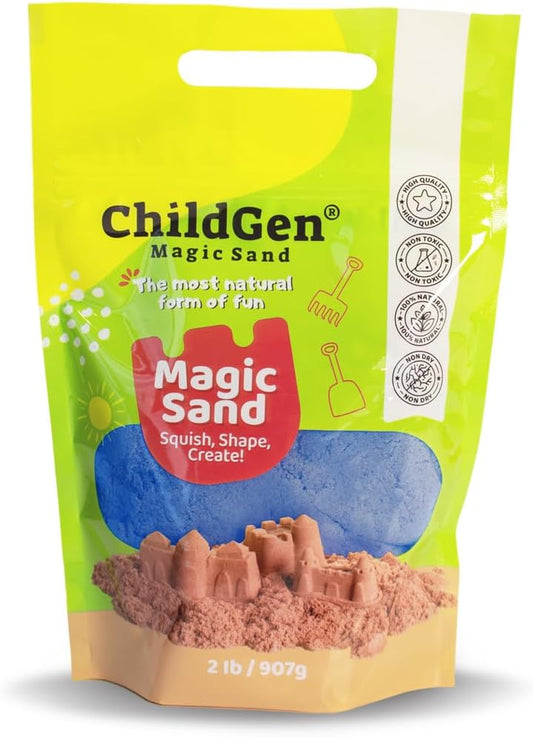 ChildGen Magic Sand, 2lbs Natural Sea Sand in Resealable Bag, Non-Toxic Play Sand for Kids, Soft, Moldable, Mess-Free Sensory Play (Green)