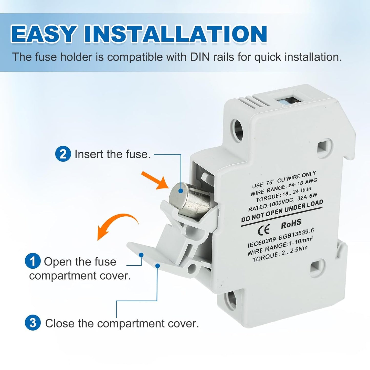 MECCANIXITY Din Rail Fuse Holder with 1 Core Block,10x38mm DC 1000V 20A Single Pole Solar/Photovoltaic Fuse Holder 4-18AWG for Solar PV Systems Battery Protect,Pack of 2